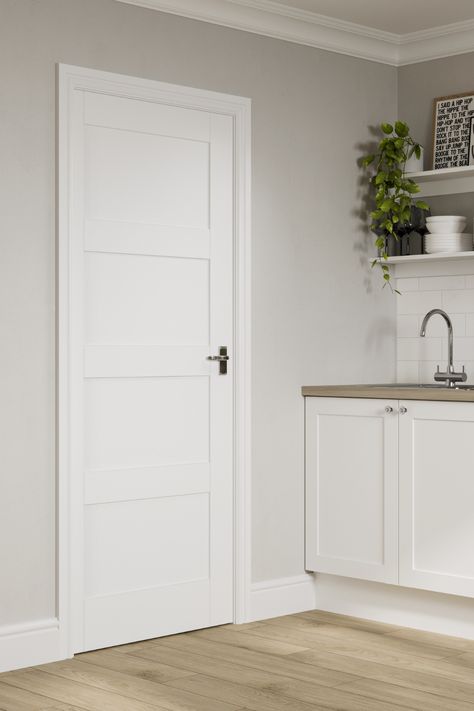 Bring contemporary style to any room by adding this modern shaker door design. Suitable for internal use, this white interior door has a four-panel shaker door design. Finish off the door with polished chrome door hardware / polished chrome door handles for a modern look. Internal Doors Ideas Modern White, White Internal Doors With Black Handles, Internal Door Ideas, 3 Panel Shaker Interior Doors, Elmbridge Howdens, Bedroom Doors White, 4 Panel Shaker Door, Interior Doors Ideas, Laminate Door Design