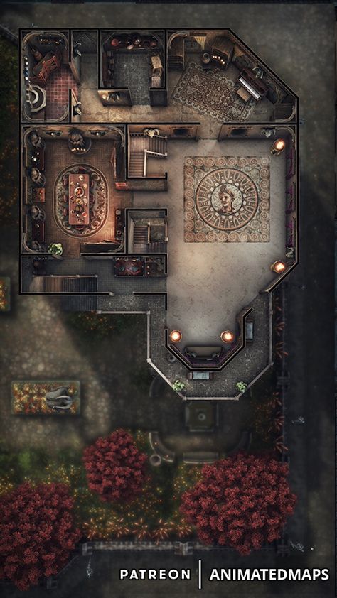 #animatedmaps #animateddungeonmaps #dnd #fantasy #dungeonsanddragons #animated #battlemap #map #ballroom #manor #villa #dining #day #house #interior #rich #garden #mansion #noble #home Dnd Mansion Battle Map, Dnd Manor Map, Dnd Mansion Map, Mansion Battlemap, Dnd House Map, Dnd Mansion, House 2 Floor, Dnd Buildings, Garden Mansion