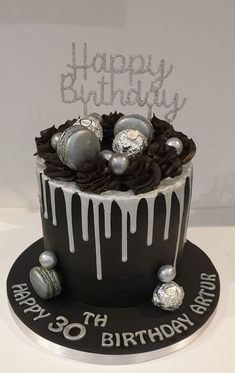 Black And Silver Birthday Decorations Decorating Ideas, Black And Grey Birthday Cake, Black Cakes Birthday For Women, Black And Silver Cake For Men, Black And Silver 18th Birthday Cake, Black White And Silver Cake Ideas, Silver And Black Cake Birthday, Cake Birthday Aesthetic Black, Birthday Cake Black And Silver