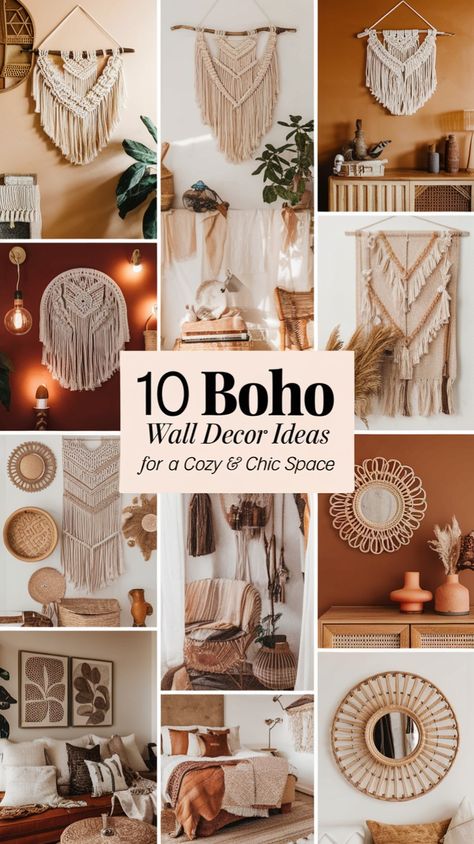 Discover 10 creative and easy boho wall decor ideas to transform your space. From vibrant tapestries to eclectic artwork, these tips bring effortless bohemian charm to any room Boho Wall Decor Ideas, Eclectic Artwork, Chic Spaces, Boho Wall Decor, Cozy Chic, Wall Decor Ideas, Chic Home, Boho Wall, Boho Decor