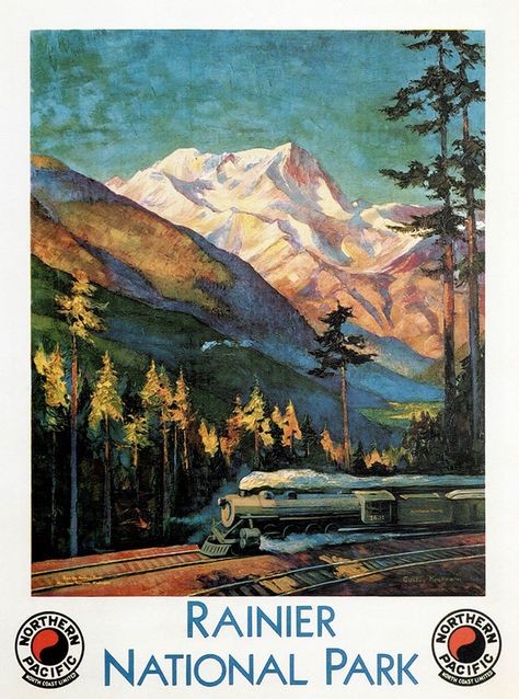 Train Posters, Railway Posters, Mount Rainier National Park, Washington Usa, Rainier National Park, National Park Posters, National Parks Trip, United States Travel, Scenic Landscape