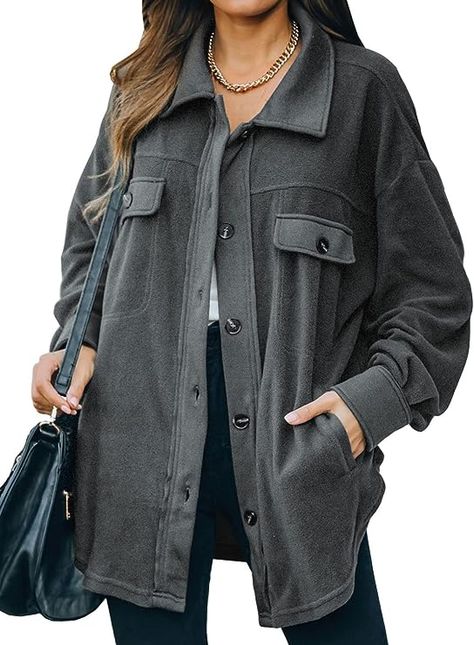 Astylish Women 2023 Casual Coat Long Sleeve Shacket Shirts Jacket with Pockets +15 colors- Fall Fashoin Gray Shacket Outfit, Womens Shacket, Women's Button Down Shirt, Gray Shirt, Casual Cardigans, Basic Shirts, Casual Coat, Basic Tops, Cardigan Coat