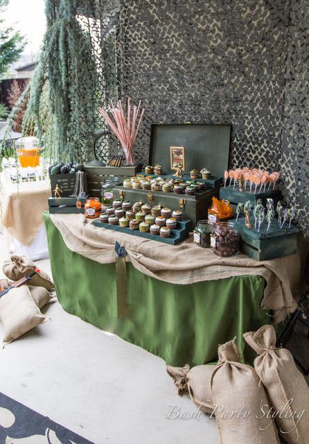 Military, Nerf, Camo / Birthday "Devyn's Nerf War Birthday Bash" | Catch My Party Camo Backdrop, Camo Birthday Party Ideas, Military Themed Party, Halo Birthday Parties, Army Party Decorations, Soldier Party, Camo Birthday Party, Camouflage Party, Army Birthday Parties