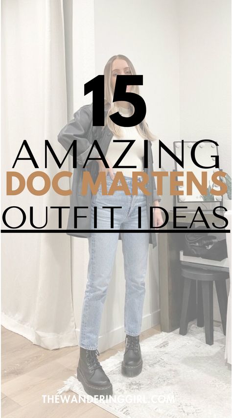 Thinking about what to wear with Doc Martens? This post shows you 15 amazing Dr Martens outfit ideas that you'll love. These include casual doc martens outfits, winter doc martens outfits, doc martens outfits for work, summer doc martens outfits, and more doc marten boots outfits! Cute Outfits With Black Doc Martens, Work Outfits Doc Martens, Doc Outfits Winter, Celebrities Wearing Dr Martens, Lace Up Dr Martens Outfit, Doc Martens Outfit Date Night, Doc Martin Outfits Jeans, Vegan Doc Martens Outfit, Mini Skirt And Dr Martens Outfit