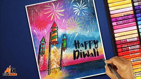 Diwali Poster For School, Diwali Chart, Diwali Drawing Ideas, Oil Pastels For Beginners, Diwali Festival Drawing, Pastels For Beginners, Rainbow Corn, Festival Drawing, October Festival