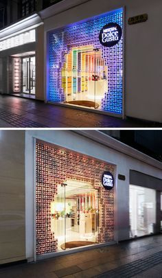 The facade of this modern store is composed of 3000 coffee capsules, which has the ability to change color with the use of programmable LED lights, which are located within 1000 white capsules, making each of them like a single pixel. #RetailStore #RetailDesign #StoreFacade Retail Facade, Nescafe Dolce Gusto, Shop Facade, Modern Store, Storefront Design, Exhibition Booth Design, Retail Store Design, Coffee Capsules, Retail Interior