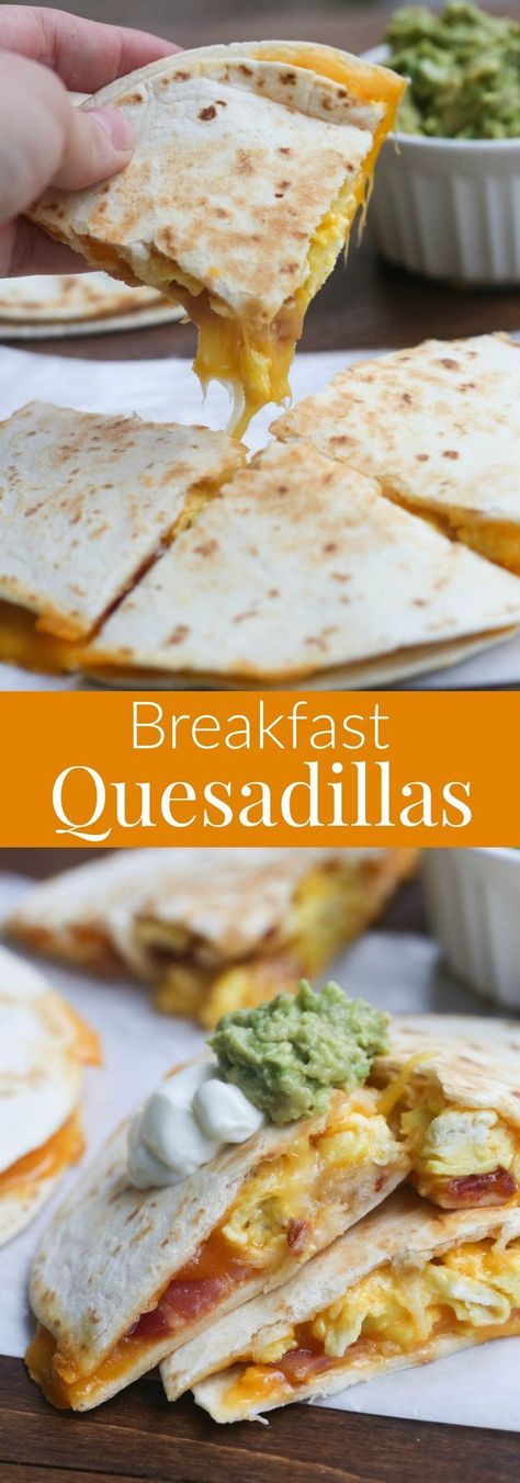 Breakfast Quesadillas with bacon, egg and cheese. An easy breakfast or dinner idea the family is sure to LOVE! | Tastes Better From Scratch Breakfast Quesadillas, Menu Sarapan Sehat, Breakfast Quesadilla, Bacon Egg And Cheese, Egg And Cheese, Resep Diet, What's For Breakfast, Bacon Egg, Idee Pasto Sano