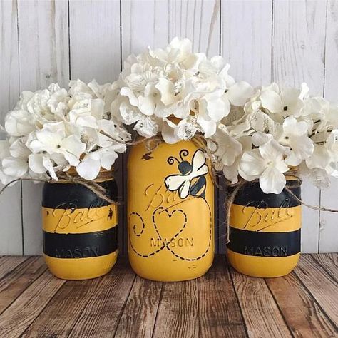 Bumble Bee Mason Jars home decor Set of 3 Mason jars black  arts and crafts and projects Bee Mason Jars, August Decor, Jars Decor, Mason Jar Flowers, Board Painting, Jar Ideas, Wine Bottle Diy Crafts, Bee Birthday, Wine Bottle Diy