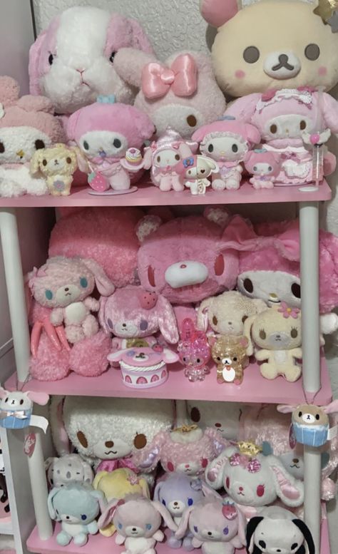 Cutecore Plushies, Plushie Shelf, Bedroom Sanrio, Room Inspo Kawaii, Cutecore Bedroom, Kawaiicore Room, Pink Bookshelf, Pink Bookshelves, Kawaii Rooms