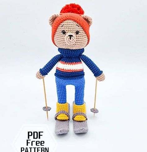 Crochet Skier Bear Nino Amigurumi Free Pattern - Ski Crochet, Bear Amigurumi, Crochet Teddy Bear Pattern, Free Pdf Pattern, Crochet Teddy Bear, Crochet Teddy, Teddy Bear Pattern, Bobble Stitch, Crochet Bear