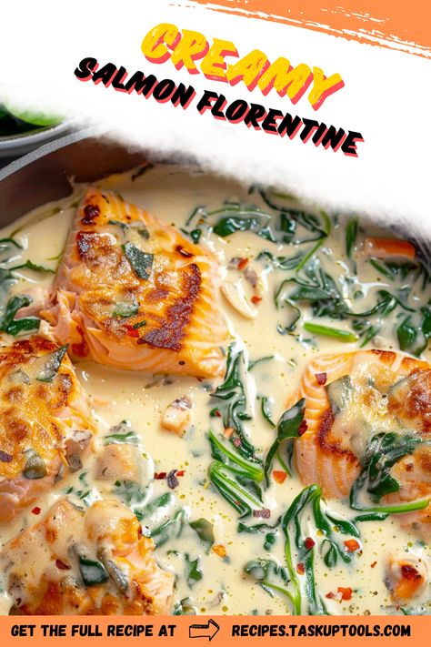 Indulge in the rich flavors of Creamy Salmon Florentine, a perfect blend of tender salmon and creamy spinach sauce. This delightful dish combines the freshness of perfectly pan-seared salmon with the warmth of a luscious Florentine sauce. Ideal for a cozy dinner or impressing guests, this recipe brings a taste of gourmet dining right to your kitchen. Explore step-by-step instructions and tips for making this deliciously creamy meal, packed with nutrients and flavor. Whether you're a seafood lover or looking to try Salmon And Sausage Recipes, Best Salmon Recipes Pan Seared, Gourmet Salmon Recipes, Salmon And Mushrooms Recipes, Salmon Baked Recipes, Salmon And Mushrooms, Florentine Sauce, Salmon Spinach Recipes, Salmon Florentine Recipe