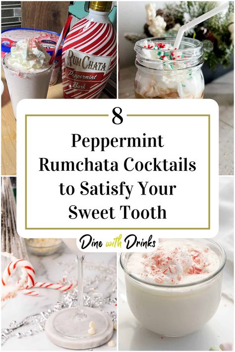 Collage of 4 peppermint rumchata cocktails. Peppermint Rumchata Drink, Peppermint Rum Chata Recipes, Rumchata Peppermint Bark Drinks, Peppermint Bark Rumchata Recipes, Rumchata Christmas Drinks, Peppermint Alcoholic Drinks, Christmas Cocktails Peppermint, Peppermint Rumchata Recipes, Drinks With Rumchata