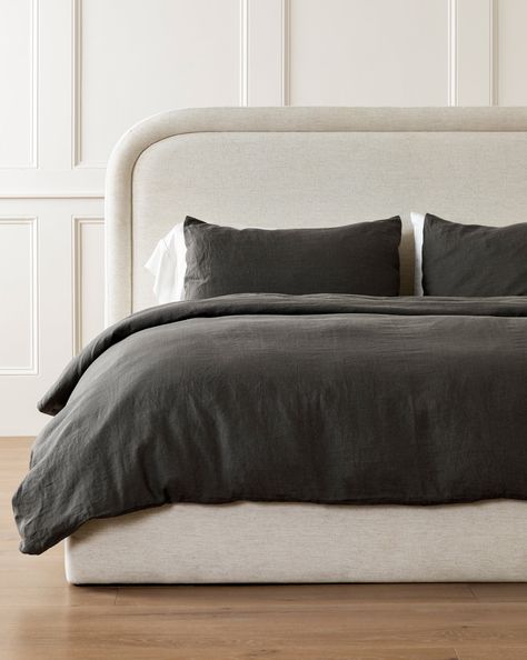 Subtle and soft, the Penelope Gray Linen Duvet Cover adds a neutral and inviting presence to bedding without overpowering the other components of the room. This elegant gray duvet is made from 100% linen. Dark Grey Bedding Aesthetic, Dark Bedding Bedroom, Dark Grey Bedding Ideas, Dark Grey Bedding, Dark Bedding, Gray Bedding, Grey Duvet, White Bed Frame, Upholstery Bed