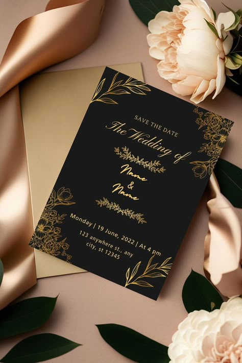 Black Blush And Gold Wedding Invitations, Gold And Black Wedding Theme, Black And Gold Invitation Card, Black And Gold Wedding Theme, Black And Gold Wedding Invitations, Gold Black Wedding, Wedding Invatations, Black And Gold Invitations, Black Tie Wedding Invitations