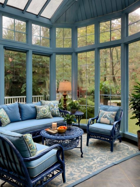 10 Creative Blue Sunroom Ideas: Modern and Bold Designs - Homezillo Sunroom With Blue Couch, Navy Blue Sunroom, Lake House Sunroom, Blue Conservatory, All Glass Sunroom, Blue Sunroom, Sunroom Ideas Modern, Ottoman Coffee Table Decor, Green Sunroom