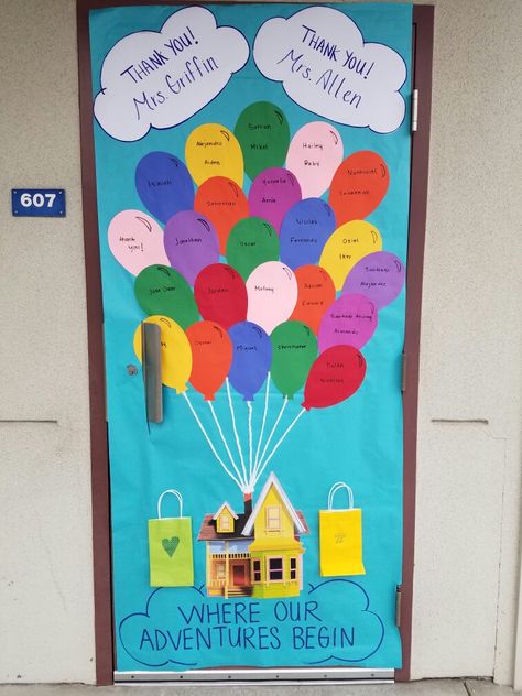 Door decoration inspired from the movie up Up Themed Door Decorations, Movie Door Decorations, Up Classroom Door, 2000s Theme, Ra Boards, Class Door, School Door Decorations, Cheer Camp, School Doors