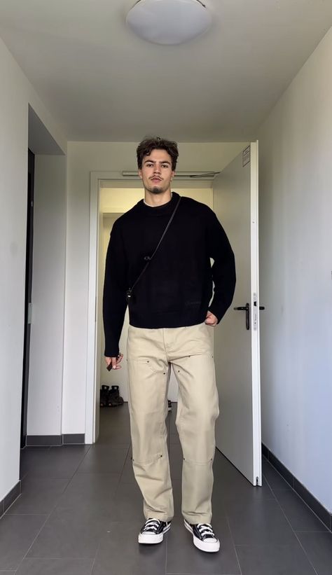 Guy Minimalist Outfit, Simple Classy Men Outfit, 25 Year Old Male Outfits, Green Shirt Beige Pants Outfit, Brown Skin Tone Outfits Men, Men Cream Pants Outfit, Mens Clothing Styles Date Night, Date Night Man Outfit, Men Monochrome Outfit Casual