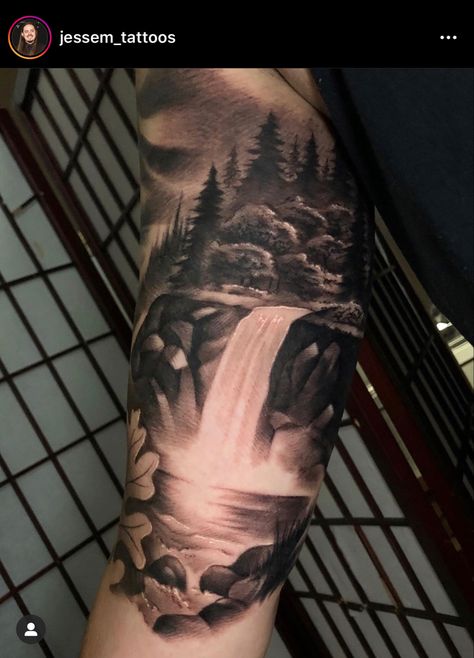 Tree And Waterfall Tattoo, Waterfall And Trees Tattoo, Water Fall Tattoo Design, Womens Outdoor Tattoo, Water And Tree Tattoo, Waterfall Tattoos For Women, Outdoor Sleeve Tattoos For Women, Waterfall Tattoo Ideas For Women, Lake Scene Tattoo