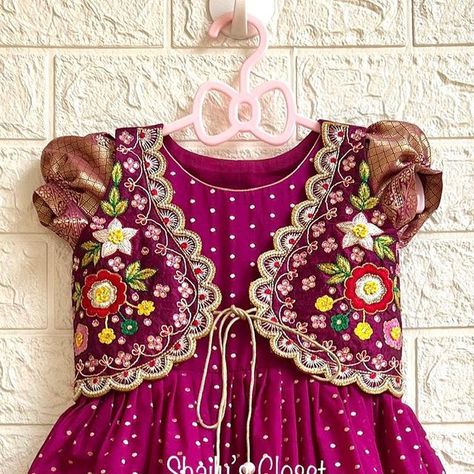 Shailu’s Closet on Instagram: "Customised kids frock with embroidery waist coat for your cute little munchkins 💖 Please DM/watsapp@9666742484 for orders and enquiries. Customisation available. #kidsfrocks#kidsluxuryfashion#kidsmaggamworkblouses #kids #kidsfashion #kidswear #weddingoutfitforkids #kidstraditionalfrocks #festivewear #kidsstylist #kidsofinstagram #momsofinstagram #traditionalwear#lovedressingup #kidsdresses #kidstraditionalwear #dressup #kidsoccasionwear #kidspartywear #kidsclothing #girlsdresses #customisedoutfits #southindianstyle #kidsstyling #kidsmodel #wedmegood#shailuscloset" Langa Jacket, Long Frocks For Kids, 1st Birthday Girl Dress, Lehanga For Kids, Kids Frock, Frocks For Babies, Frocks For Kids, Pin Interest, Kids Party Wear