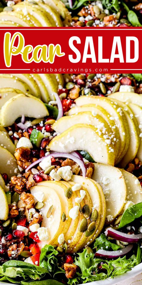 Try Pear Salad for a fresh holiday side! This Thanksgiving side dish idea features spring salad mix, caramelized walnuts, toasted pepitas, feta, goat cheese, gorgonzola, and pomegranate seeds drizzled with Pomegranate Dressing. It's prep ahead friendly and makes an easy Christmas side dish! Thanksgiving Salad Goat Cheese, Christmas Pear Salad Recipes, Christmas Salad With Apples, Christmas Pear Salad, Pear And Goat Cheese Salad, Spring Salad Mix Recipes, Holiday Green Salad, Easy Christmas Salads Recipes, Pear Salad With Walnuts And Feta