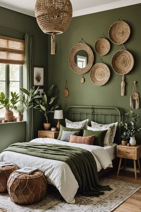 Earthy Bedroom Green Walls, Boho Green Bedroom, Olive Green Room, Green Bedrooms Ideas, Green Walls Bedroom, Earthy Boho Bedroom, Cozy Green Bedroom, Jungalow Bedroom, Olive Green Bedroom