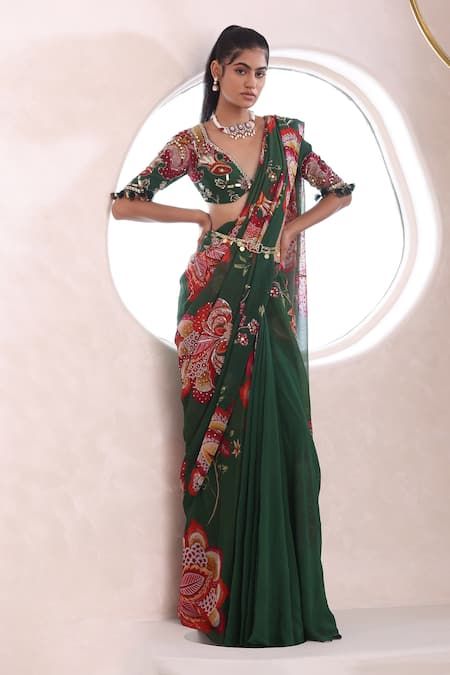 Buy Green Georgette Navya Pattern Pre-draped Saree With Blouse For Women by Mahima Mahajan Online at Aza Fashions. Navratri Party Pre-draped Saree With Printed Motifs, Bollywood Style Blouse Piece With Printed Motifs For Reception, Bollywood Style Pre-draped Saree With Printed Motifs For Reception, Festive Floor-length Floral Saree, Chanderi Pre-draped Saree With Printed Motifs For Wedding, Traditional Pre-draped Saree For Reception With Printed Motifs, Fitted Pre-draped Saree With Printed Motifs For Reception, Fitted Floral Pre-draped Saree For Diwali, Georgette Choli With Floral Print And Traditional Drape