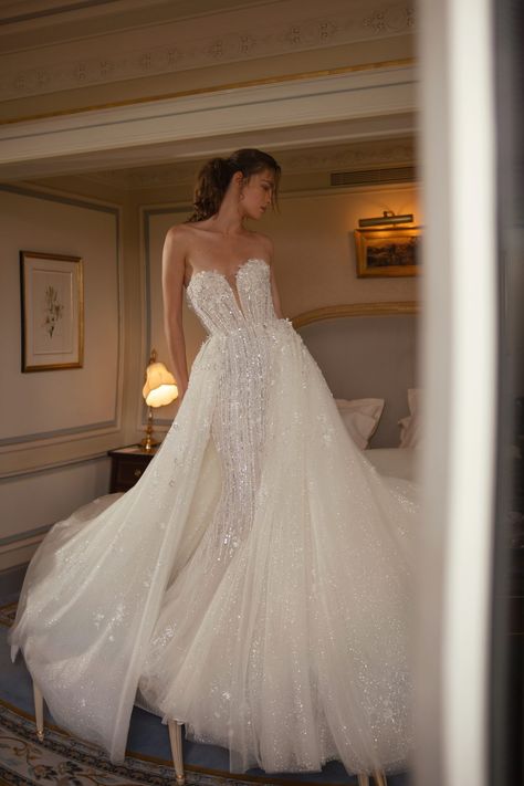 Nicole Felicia Couture, Nicole Felicia, Wedding Dress Overskirt, Detachable Wedding Dress, Glam Wedding Dress, Flare Wedding Dress, Sparkle Wedding Dress, Kleinfeld Bridal, Flare Gown