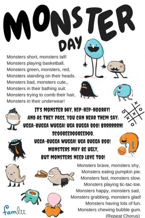 Infographic Lyrics to Monster Day Song by Linda Arnold Halloween Songs For Preschoolers, October Homeschool, Song For Preschoolers, Hallowen Crafts, Monster Songs, Fall Lesson Plans, Fall Songs, Lesson Plans For Toddlers, Halloween Songs