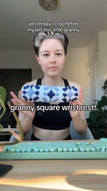 made in the moment on Instagram: "decorating my desk with things I’ve crocheted 💙🤍not only is this useful for wrist support but it’s so cute! and I joined the squares as I went so no sewing granny squares together! find the pattern on my website :) #grannysquarewristrest #crochetdecor #crochet #crochetdesk #crochetdeskdecor #desksetup #grannysquare #madeinthemoment" Crochet Fun Granny Square, Crochet Mouse Pad, Sewing Granny Squares, Desk Crochet Ideas, Crochet For Desk, Crochet Office Desk Decor, Crochet Wrist Rest Cushion, Crochet Desk Mat, Crochet Keyboard Mat