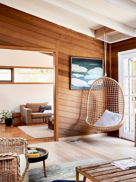 Living Room With Wood Paneling, Room With Wood Paneling, 70s Bungalow, Paneled Room, Pine Decor, Montana Homes, Tiny Cabin, Elements Of Design, Australian Homes