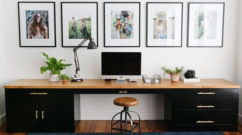 Butcher Block Desk, Office Desk Designs, Butcher Block Wood, Cool Office Space, Long Desk, Desk Inspiration, Big Desk, Craft Room Office, Modern Home Office