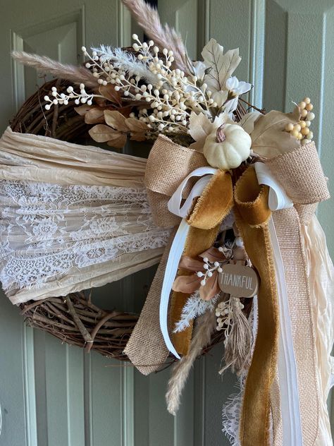 Boho Wreaths For Front Door, Boho Wreaths, White Wreaths, Neutral Wreath, Boho Wreath, Real Estate Gifts, Fall Front Door, Wreath Frame, Thankful And Blessed