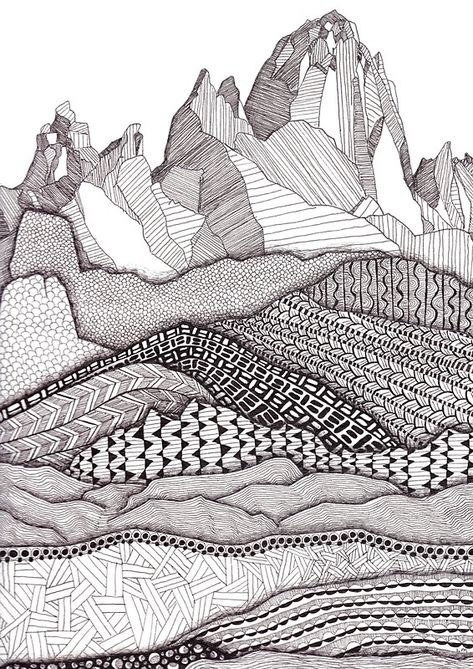 Patterns on Patagonia Mountains Drawing, Zantangle Art, Velvet Paper, Mountain Drawing, Mountain Art Print, 8x10 Art Prints, Landscape Paintings Acrylic, Landscape Photography Nature, Zentangle Drawings