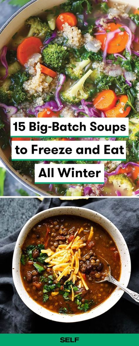 These delicious make ahead soups are great to freeze and reheat whenever you're ready to eat! These healthy soups will keep you warm during the winter with yummy ingredients like kale, lentils, quinoa, and chickpeas you can toss in the slow-cooker. Make these soup recipes part of your meal prep routine. Soups To Freeze, Best Meals To Freeze, Freezable Soups, Quinoa And Chickpeas, Recipes Lentils, Freezer Soups, Freezing Soup, Freeze Ahead Meals, Healthy Frozen Meals