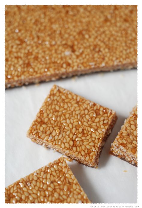 Sesame Seed Caramels | Cook (almost) Anything at Least Once Sesame Seed Bars Recipe, Sesame Caramel, Seed Bars Recipe, Sesame Snaps, Seed Cookies, Seed Bars, Caramel Bars, Crunch Bar, Sesame Seed