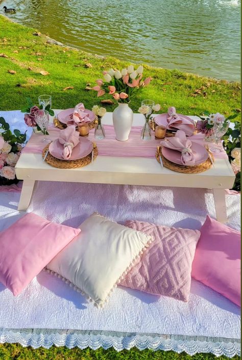 Pink Themed Picnic, Picnic Table Set Up, Picnic Rosa, Floor Picnic, Picnic Business, Pink Dessert Tables, Picnic Party Decorations, Pink Picnic, Picnic Inspo