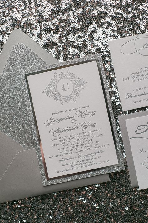 Silver+Glamour+Wedding+Invitations,+Glitter,+Letterpress Silver Wedding Cards, Black Tie Wedding Invitations, Purple And Silver Wedding, Paper Chase, Wedding Invitation Styles, School Fundraising, Glamour Wedding, Silver Wedding Invitations, Invitations Ideas