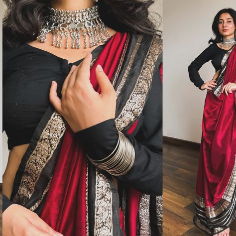 Vintage core aesthetics 🥀 | Save and send these saree pose ideas to your saree lover girlfriends for when you don’t know how to pose in a saree ✨ Pure silk saree of the day- is a 65 year old handloom kanjivaram in the softest of mulberry, having a deep red base with black borders and pallu. Saree draping tutorial reel coming tomorrow ✨ #fyp #explore #iwearhandloom #handloomlove #puresilksaree #sareeindia #sareeinfluencer #sareestyling #howtopose #sareeposes #archeedrapes Vintage Core Aesthetics, Red And Black Saree, Saree Pose Ideas, Saree Draping Tutorial, Black And Red Saree, Saree Pose, Vintage Core, Core Aesthetics, Black Borders