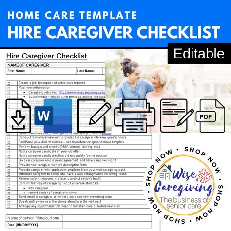 Hire Caregiver Checklist Template, Home Care Employee Checklist, Senior Care Form, Personal Care Assistant, Hiring Elder Care, Editable Hire Care, Caregiver Checklist, Personal Care Assistant, Care Assistant, Senior Caregiver, Questionnaire Template, Home Care Agency, Elder Care, Checklist Template