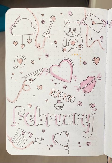 Easy Valentine's Drawings, February Notebook Ideas, February Aesthetic Month Calendar, February Scrapbook Page Ideas, February Dry Erase Board Ideas, February Drawings Ideas, February Calendar Doodles, February Aesthetic Drawing, February Whiteboard Ideas