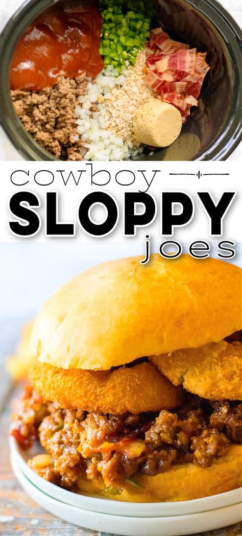 Cowboy Sloppy Joes Best Sloppy Joe Recipe Crock Pot, Spicy Sloppy Joe Recipe, Spicy Sloppy Joes, Cheeseburger Sloppy Joes, Sloppy Joe Recipe Crock Pot, Best Sloppy Joe Recipe, Crock Pot Sloppy Joes, Crispy Onion Rings, Slow Cooker Sloppy Joes