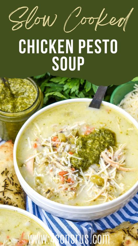 Italian Chicken Soup Crockpot, Pesto Chicken Noodle Soup, Pesto Crockpot Recipes, Pesto Chicken Soup, Pesto Soup Recipes, Pesto Chicken Crockpot, Creamy Crockpot Soup, Chicken Pesto Soup, Crockpot Chicken Soup Recipes