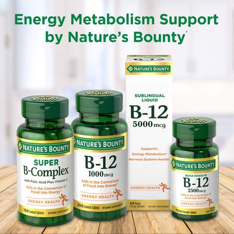 FOR ENERGY 100-count, Vitamin B-12 1000mcg Coated Tablets. Nature’s Bounty B-12 vitamins play an important role in energy metabolism in the body(1). They help the body convert food into the fuel which is used to produce energy in the body(1). Vitamin B Supplements, Vitamins For Energy, Liquid Vitamins, Vitamin B Complex, Nature's Bounty, Vitamin B12, Immune Support, Vitamin Supplements, Folic Acid