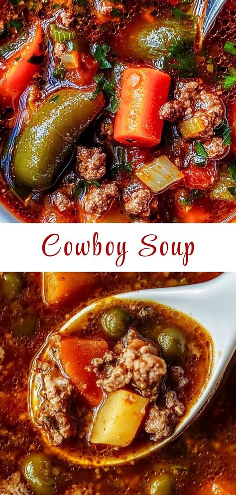 Warm up with a hearty bowl of Cowboy Soup! This easy recipe combines beef, beans, and spicy flavors for a delicious meal. Perfect for chilly days or feeding a crowd, it's a comforting dish that everyone will love. Enjoy it with your favorite bread or crackers for a complete dinner! #CowboySoup #ComfortFood #EasyRecipes Pinto Bean Green Chili Beef Soup, Game Day Soup Recipes, Cowboy Soup Recipe Beef, Spicy Broth Soup, Easy Soup For A Crowd, Cowboy Bean Soup, Beans Soup Recipes, Warm Food For Cold Days, Succotash Soup