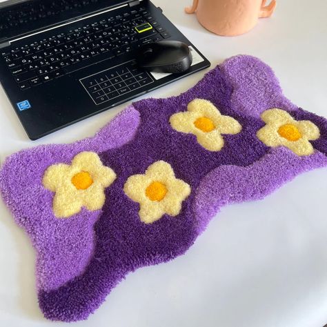 Keyboard Tufted Rug, Purple Keyboard, Desk Rug, Keyboard Rug, Women Desk, Desk Accessories For Women, Tufting Diy, Office Decor For Women, Flowers Daisy