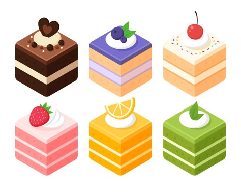 Collection of cube cake slices. Chocolate, strawberry, vanilla, matcha or green tea, orange, and blueberry cake. Isometric sweets icon. Cute cartoon vector illustration. Cafe sweet dessert menu. 13708090 Vector Art at Vecteezy Cake Vector Illustration, Cute Cake Illustration, Cake Art Drawing, Cake Illustration Design, Carton Cake, Dessert Tattoo, Sweets Illustration, Cake Graphic, Dessert Drawing