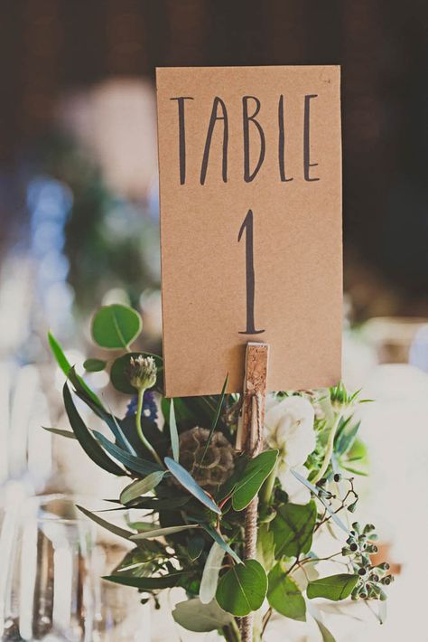 Free-Spirited-Smog-Shoppe-Wedding (21 of 38) Wedding Table Planner, Smog Shoppe Wedding, Wedding Table Menus, Kraft Paper Wedding, Wedding Table Themes, Table Planner, Rustic Table Numbers, Diy Table Numbers, Rustic Wedding Table Decor