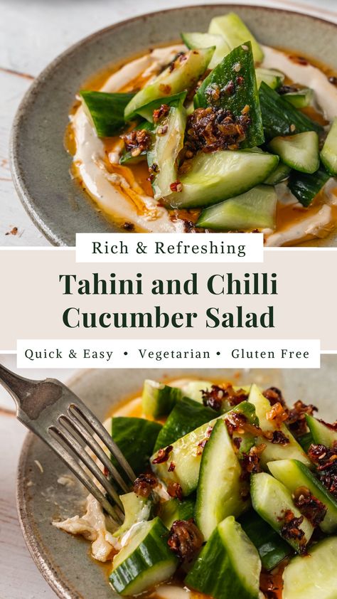 An ode to my favourite chinese smashed cucumber salad, this delicious, umami-packed salad is zingy, spicy, and creamy all in one bite. This smooth, rich tahini dressing and crrrrrunchy cucumber salad is an easy recipe to keep in your back pocket for date night. It takes only 8 steps and 6 ingredients to put this quick and easy dish together. Cucumber Tahini Dressing, Tahini Cucumber Salad, Cucumber Salad Indian, Middle Eastern Cucumber Salad, Cucumber Yogurt Salad, Indian Cucumber, Balanced Salad, Smashed Cucumber, Smashed Cucumber Salad