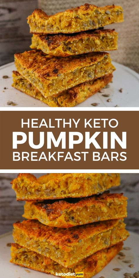 The Best Healthy Keto Pumpkin Bars - Soft and chewy, these homemade pumpkin bars make a delicious keto breakfast or keto snack. Keto Pumpkin Breakfast, Keto Pumpkin Bars, Healthy Pumpkin Bars, Kasey Trenum, Pumpkin Breakfast Recipes, Keto Pumpkin Pie, Pumpkin Breakfast, Postre Keto, Keto Pumpkin