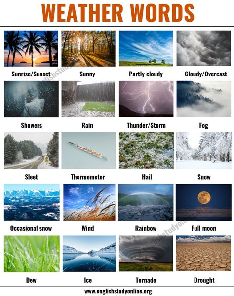 Weather Words: Useful List of English Weather Words and Vocabulary - English Study Online Nature Vocabulary English, Nature Words Simple, Weather In English, Weather Pictures, Weather Vocabulary, Weather Words, Vocabulary English, Learning English For Kids, English Vocab